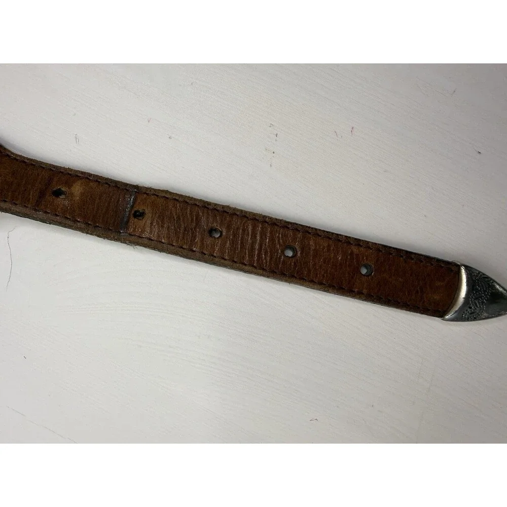 Vintage Tooled Leather Western Belt Silver Engraved Buckle Brown Size 40